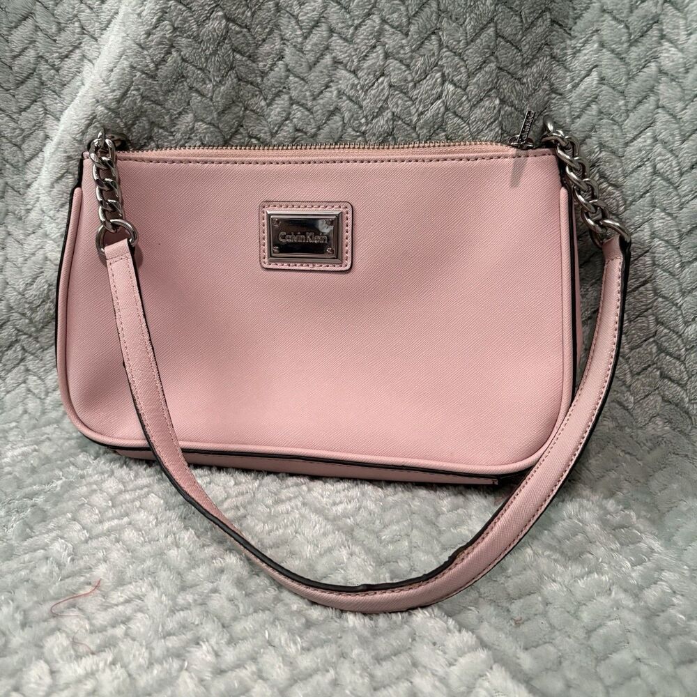 Calvin Klein Blush Pink Saffiano Leather Shoulder Bag Purse Chain Strap Y2K Chic